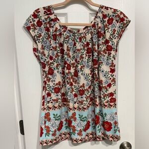 LC Lauren Conrad Cream Top with Red and Green Floral Pattern